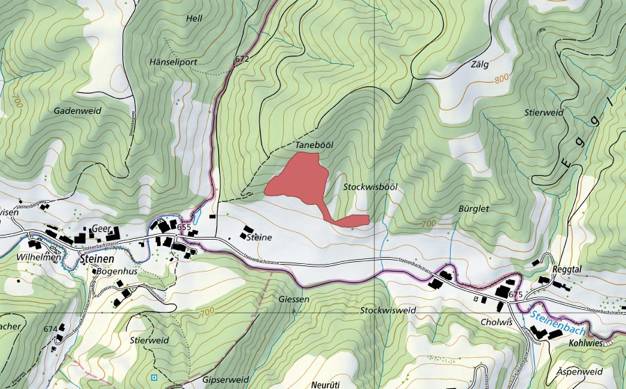 Landeskarte swisstopo mit dem Schutzperimeter von Tanebööl (Trockenwiese)