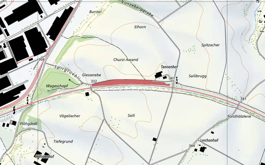 swisstopo national map showing the protected perimeter of Tannenhof (Dry meadow)