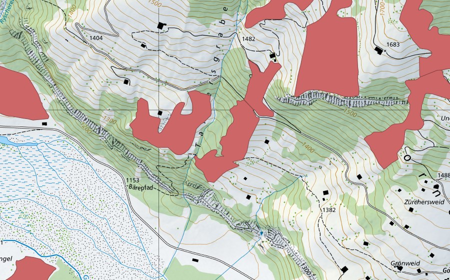Landeskarte swisstopo mit dem Schutzperimeter von Tannersgrabe (Trockenwiese)