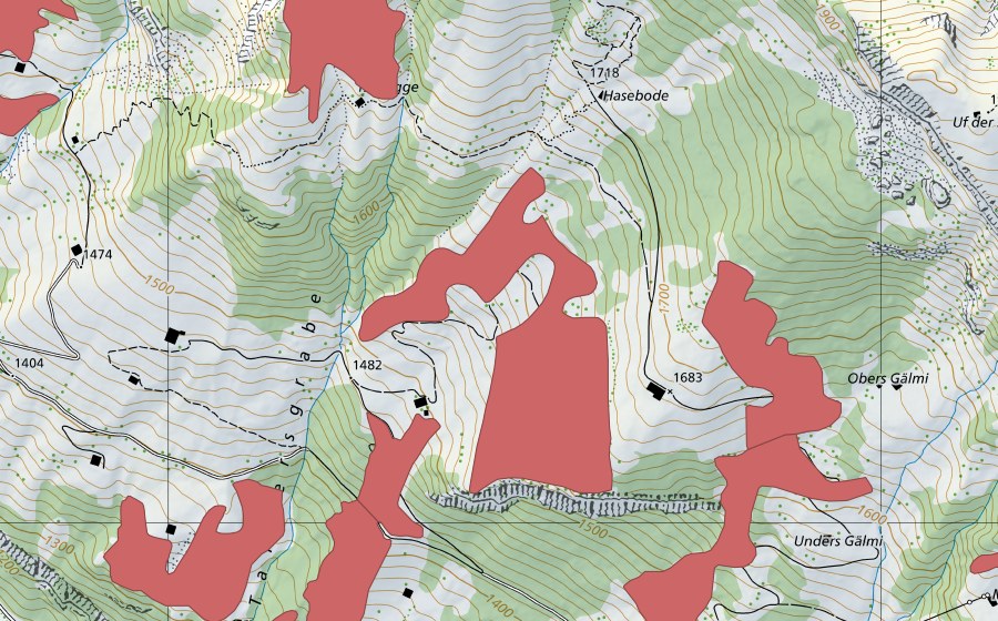 swisstopo national map showing the protected perimeter of Tannersgrabe (Dry meadow)