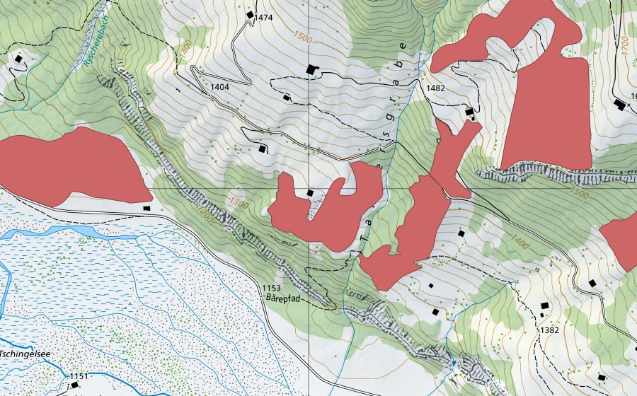 Carte nationale swisstopo avec le périmètre protégé de Tannersgrabe (Prairie sèche)