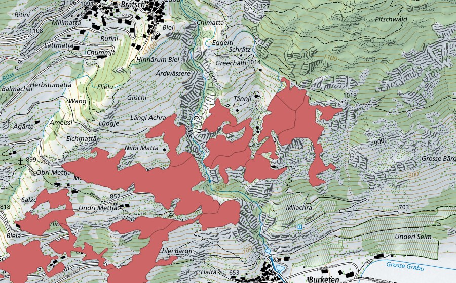 swisstopo national map showing the protected perimeter of Tännji (Dry meadow)