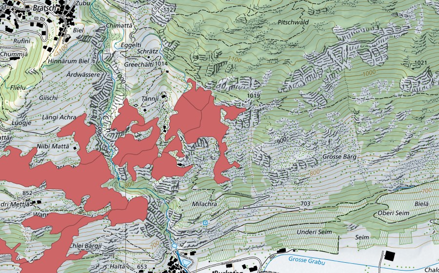 Carte nationale swisstopo avec le périmètre protégé de Tännji (Prairie sèche)