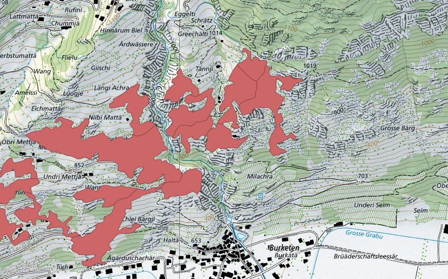 Carte nationale swisstopo avec le périmètre protégé de Tännji (Prairie sèche)