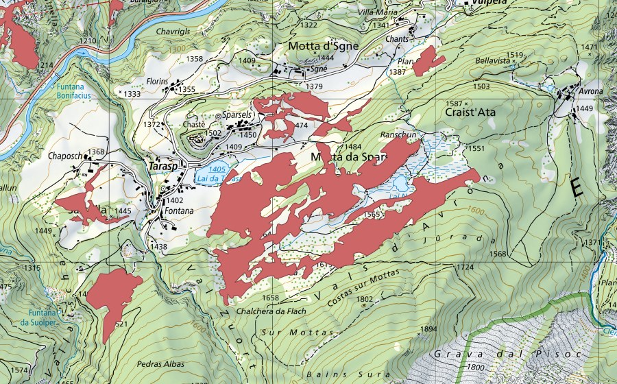 Carte nationale swisstopo avec le périmètre protégé de Tarasp (Prairie sèche)