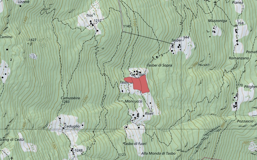 Landeskarte swisstopo mit dem Schutzperimeter von Tasbèi (Trockenwiese)