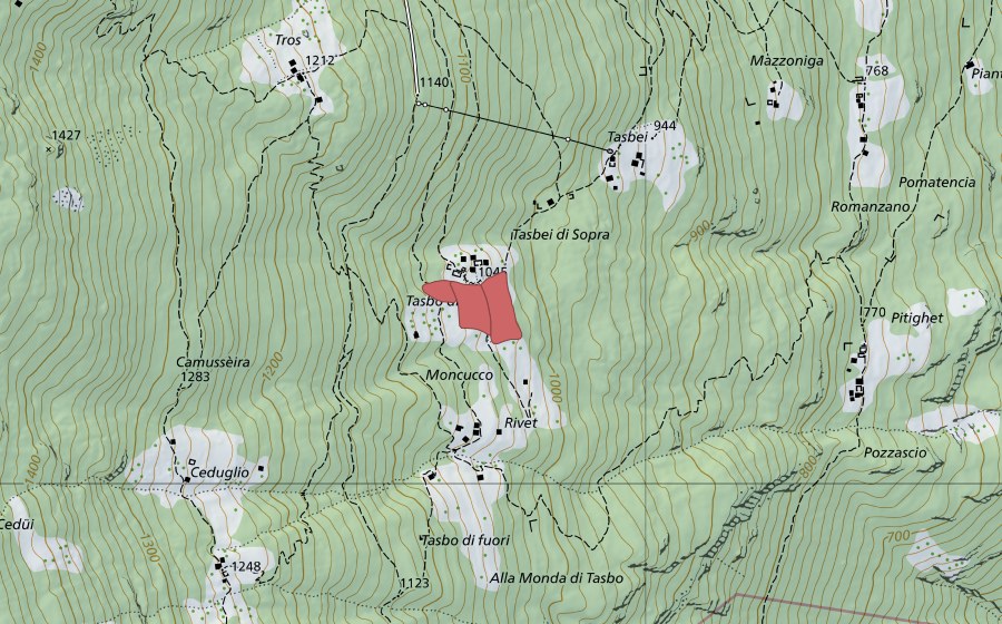 Landeskarte swisstopo mit dem Schutzperimeter von Tasbèi (Trockenwiese)