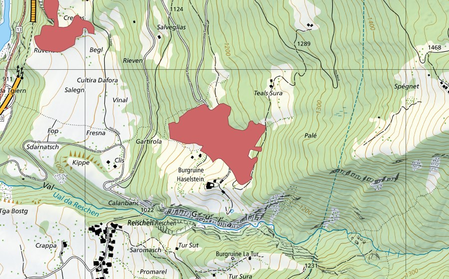 Carte nationale swisstopo avec le périmètre protégé de Teals (Prairie sèche)