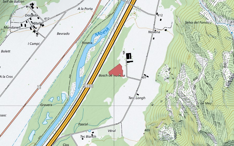 swisstopo national map showing the protected perimeter of Tec Longh (Dry meadow)