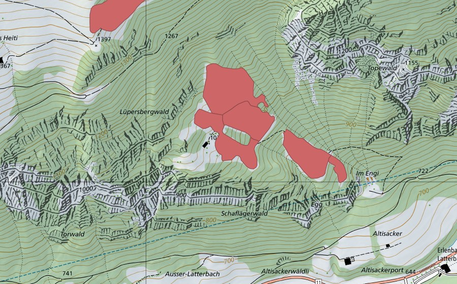 Landeskarte swisstopo mit dem Schutzperimeter von Teller (Trockenwiese)