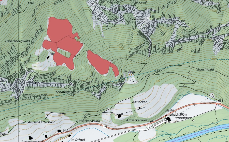 Carte nationale swisstopo avec le périmètre protégé de Teller (Prairie sèche)