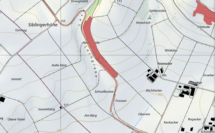 Carte nationale swisstopo avec le périmètre protégé de Tenterenberg (Prairie sèche)