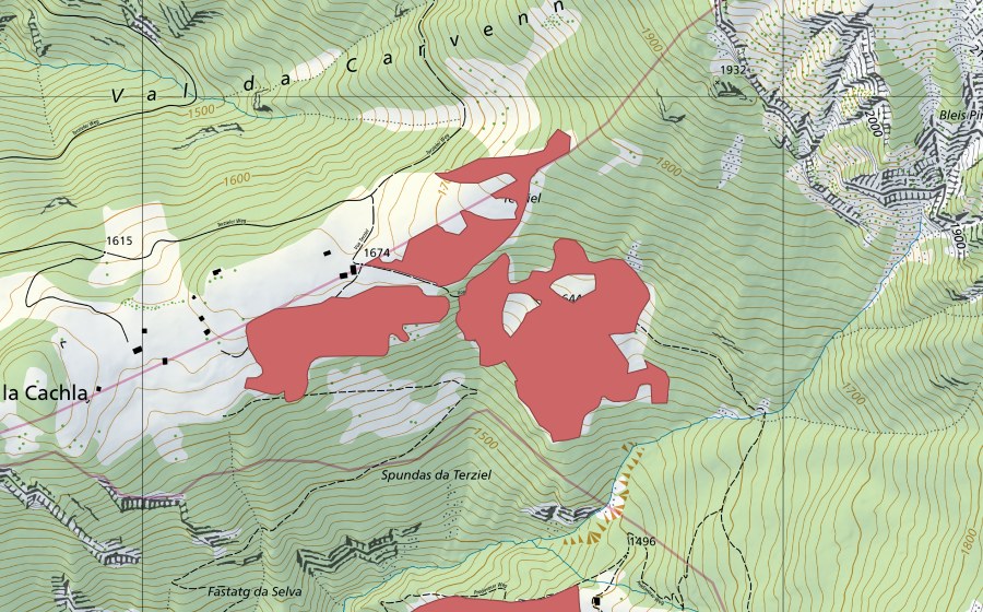 Landeskarte swisstopo mit dem Schutzperimeter von Terziel (Trockenwiese)