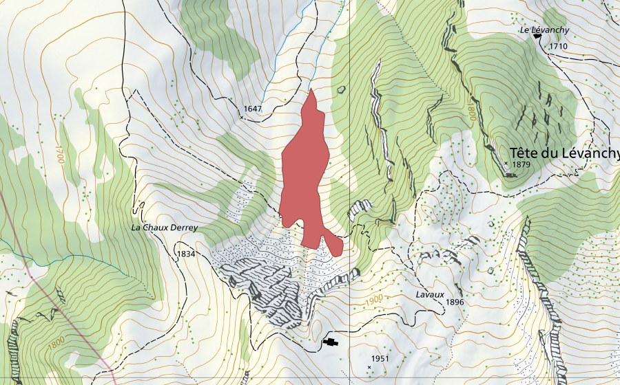 Carte nationale swisstopo avec le périmètre protégé de Tête du Lévanchy (Prairie sèche)