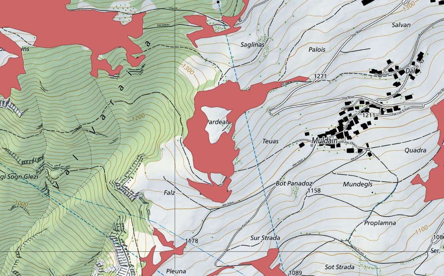 Carte nationale swisstopo avec le périmètre protégé de Teuas (Prairie sèche)