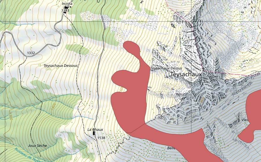 swisstopo national map showing the protected perimeter of Teysachaux (Dry meadow)