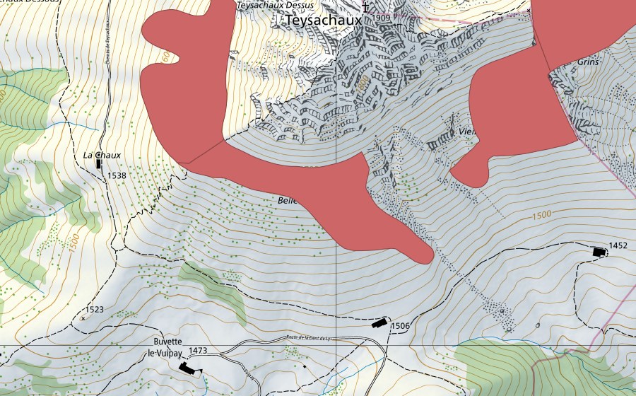 Carte nationale swisstopo avec le périmètre protégé de Teysachaux (Prairie sèche)