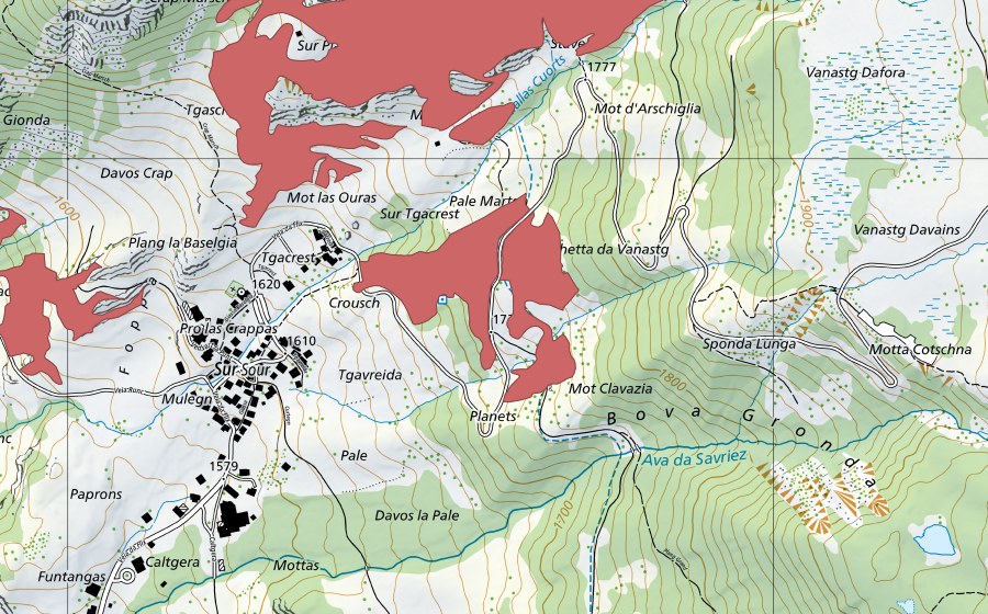 Carte nationale swisstopo avec le périmètre protégé de Tgacrest (Prairie sèche)