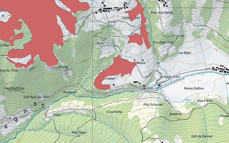 Landeskarte swisstopo mit dem Schutzperimeter von Tgant Pensa (Trockenwiese)
