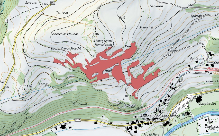 Carte nationale swisstopo avec le périmètre protégé de Tgolda (Prairie sèche)