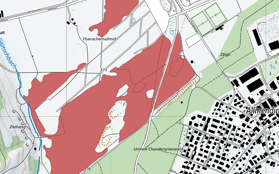 Landeskarte swisstopo mit dem Schutzperimeter von Thierachern-Allmid (Trockenwiese)