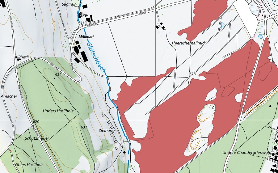 Landeskarte swisstopo mit dem Schutzperimeter von Thierachern-Allmid (Trockenwiese)