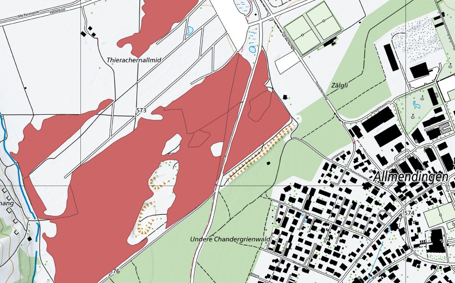 Carte nationale swisstopo avec le périmètre protégé de Thierachern-Allmid (Prairie sèche)