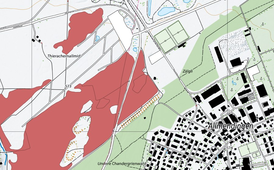 swisstopo national map showing the protected perimeter of Thierachern-Allmid (Dry meadow)