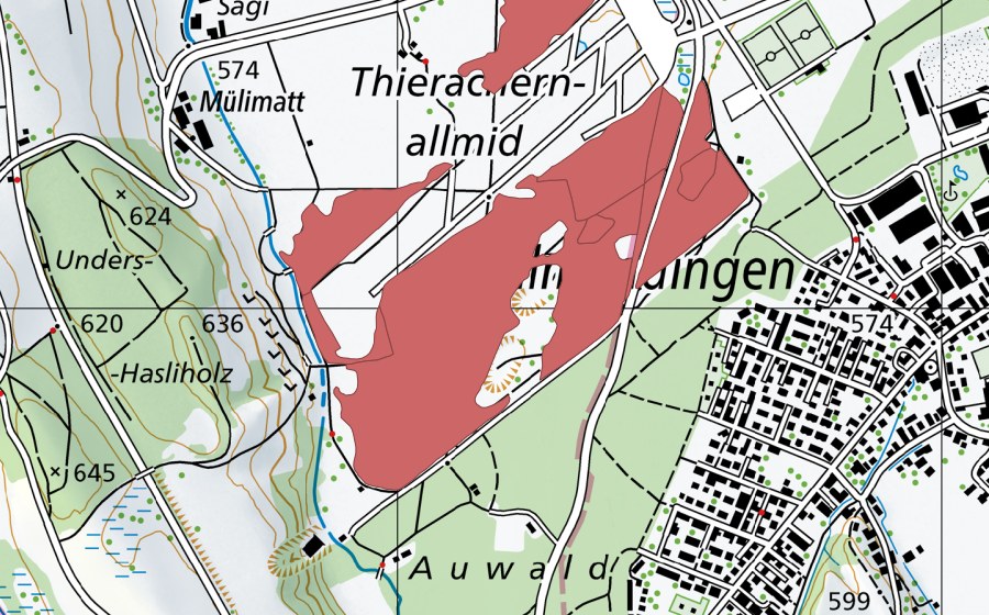 Landeskarte swisstopo mit dem Schutzperimeter von Thierachern-Allmid (Trockenwiese)