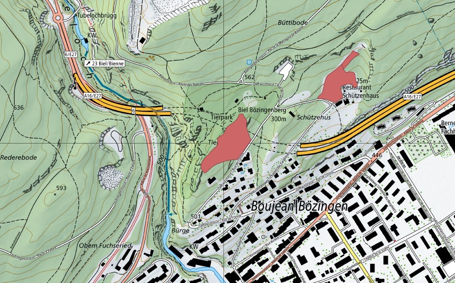 Carte nationale swisstopo avec le périmètre protégé de Tierpark (Prairie sèche)