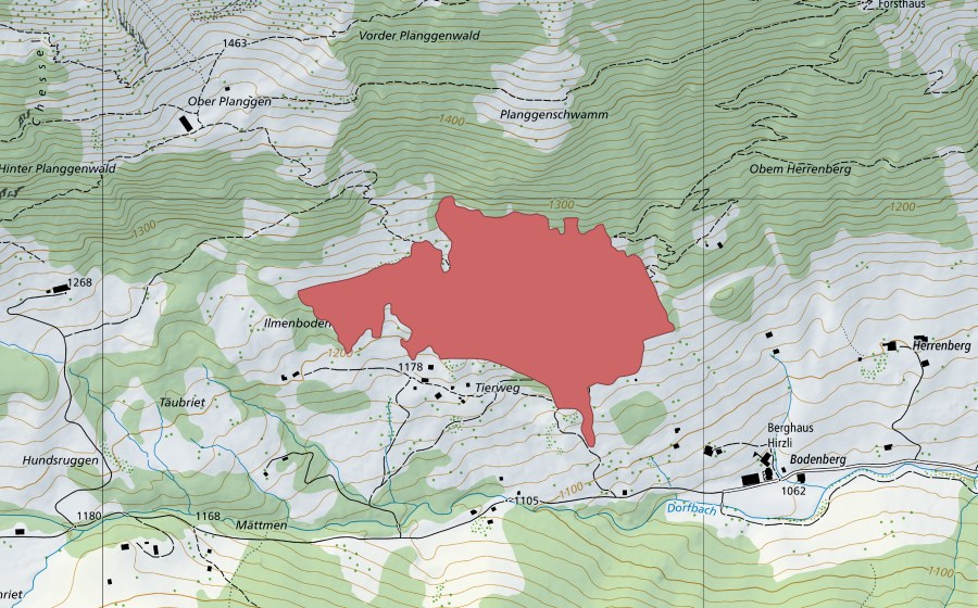 Carte nationale swisstopo avec le périmètre protégé de Tierweg (Prairie sèche)