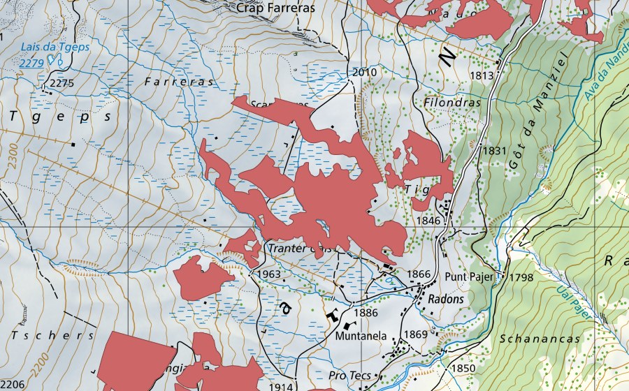Carte nationale swisstopo avec le périmètre protégé de Tigia (Prairie sèche)