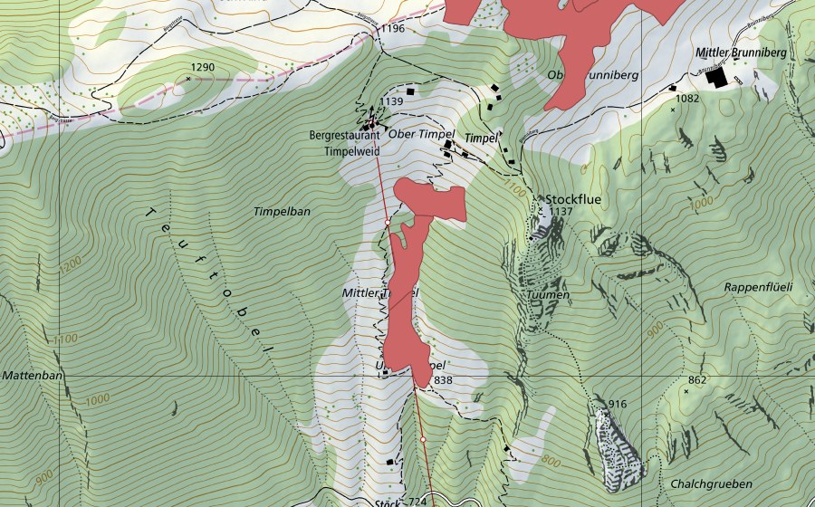 Landeskarte swisstopo mit dem Schutzperimeter von Timpel (Trockenwiese)