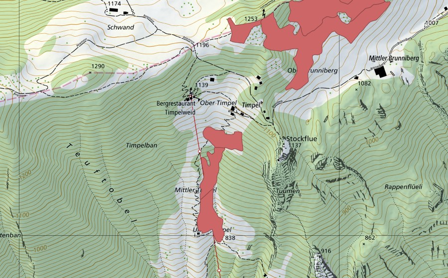 Carte nationale swisstopo avec le périmètre protégé de Timpel (Prairie sèche)