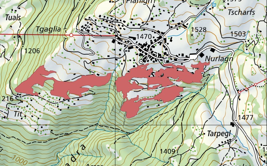 Carte nationale swisstopo avec le périmètre protégé de Tit (Prairie sèche)