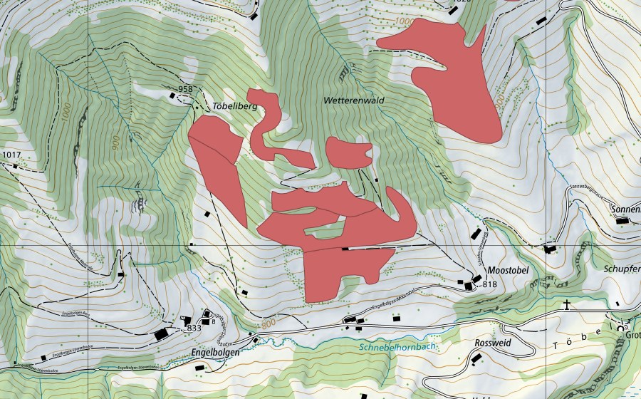 Carte nationale swisstopo avec le périmètre protégé de Töbeliberg (Prairie sèche)