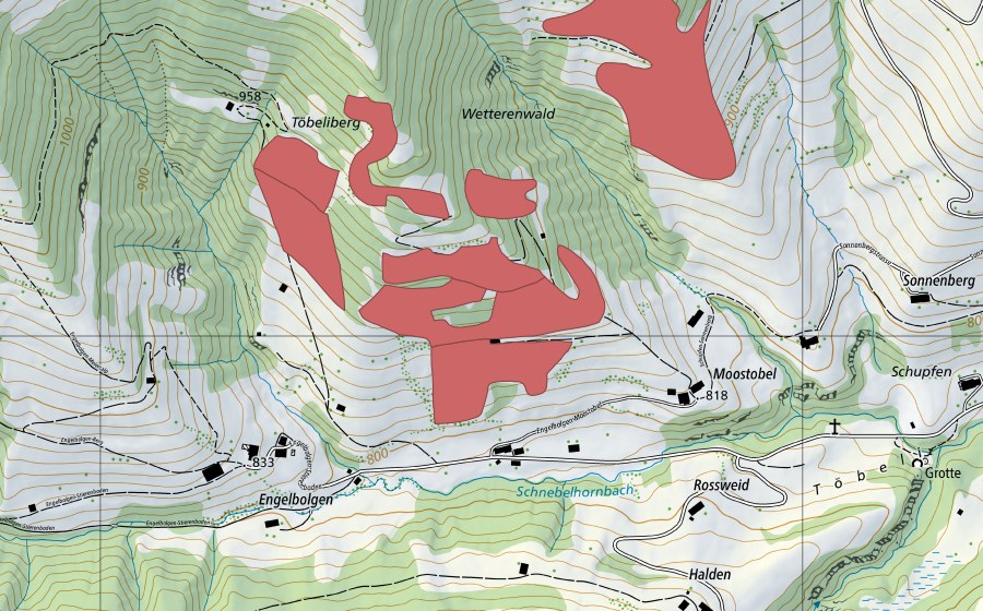 Landeskarte swisstopo mit dem Schutzperimeter von Töbeliberg (Trockenwiese)
