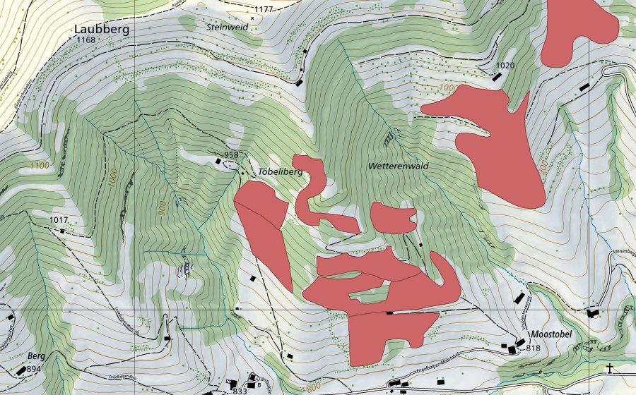 Carte nationale swisstopo avec le périmètre protégé de Töbeliberg (Prairie sèche)