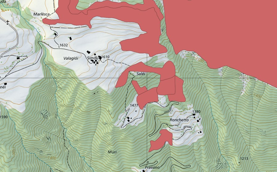 Carte nationale swisstopo avec le périmètre protégé de Töira (Prairie sèche)