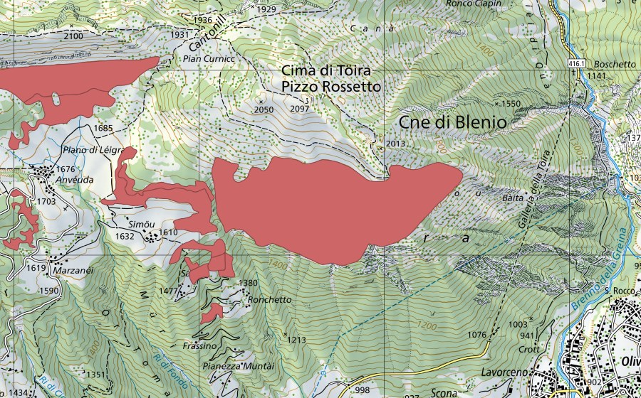 Carte nationale swisstopo avec le périmètre protégé de Töira (Prairie sèche)