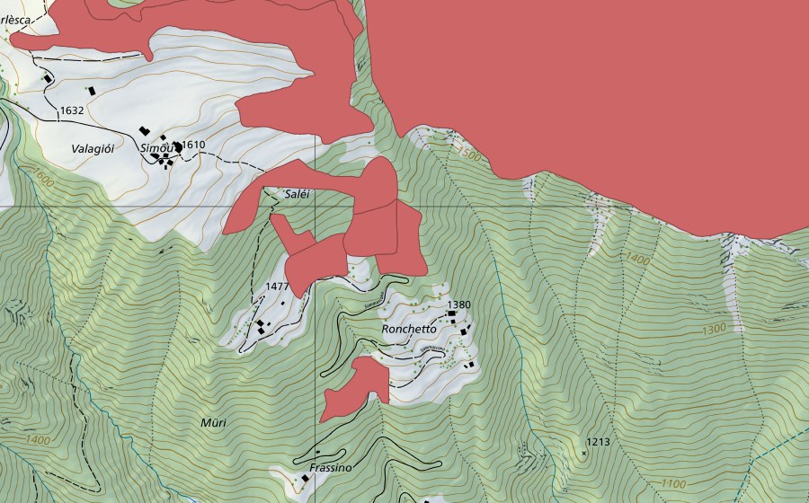 swisstopo national map showing the protected perimeter of Töira (Dry meadow)