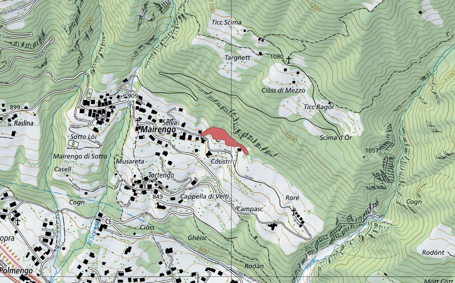 swisstopo national map showing the protected perimeter of Tortengo (Dry meadow)