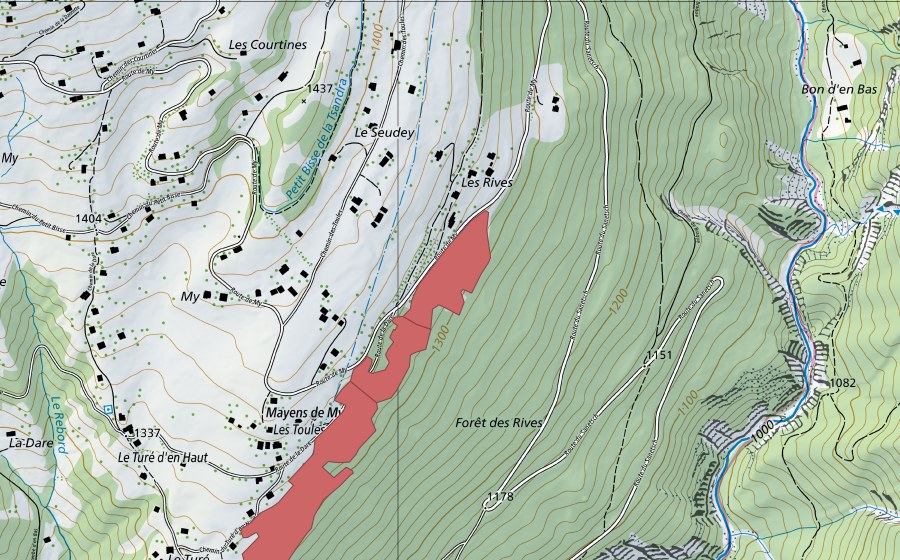Carte nationale swisstopo avec le périmètre protégé de Toules (Prairie sèche)