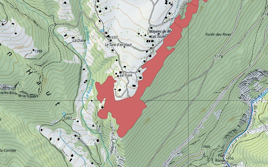 Carte nationale swisstopo avec le périmètre protégé de Toules (Prairie sèche)