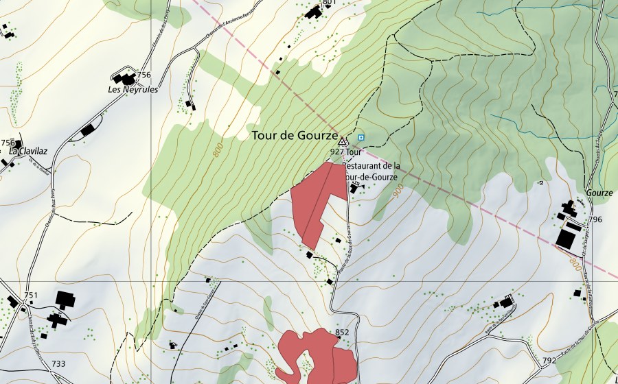 Carte nationale swisstopo avec le périmètre protégé de Tour de Gourze (Prairie sèche)
