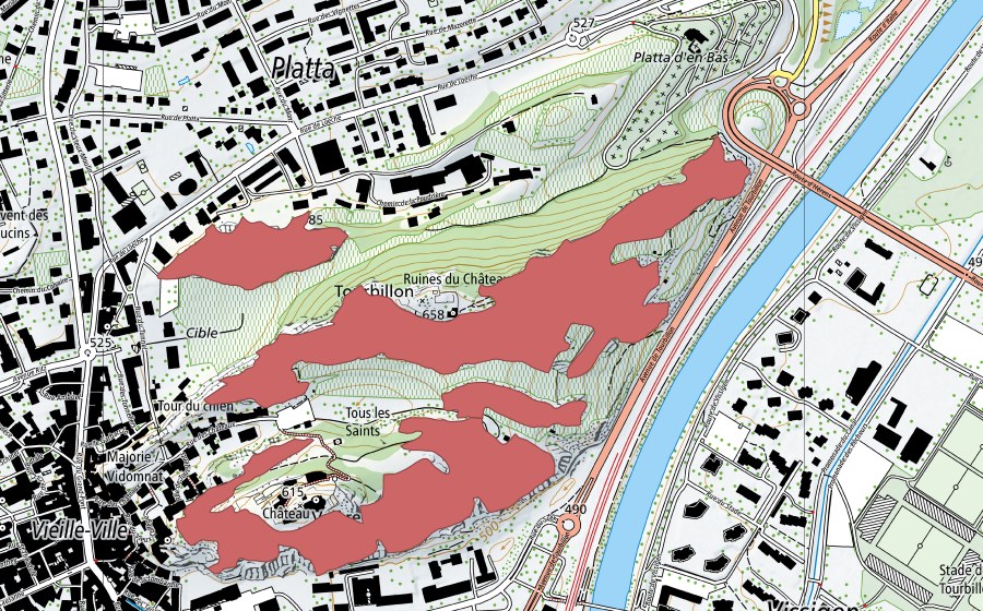 swisstopo national map showing the protected perimeter of Tourbillon (Dry meadow)