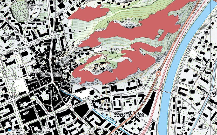 Carte nationale swisstopo avec le périmètre protégé de Tourbillon (Prairie sèche)