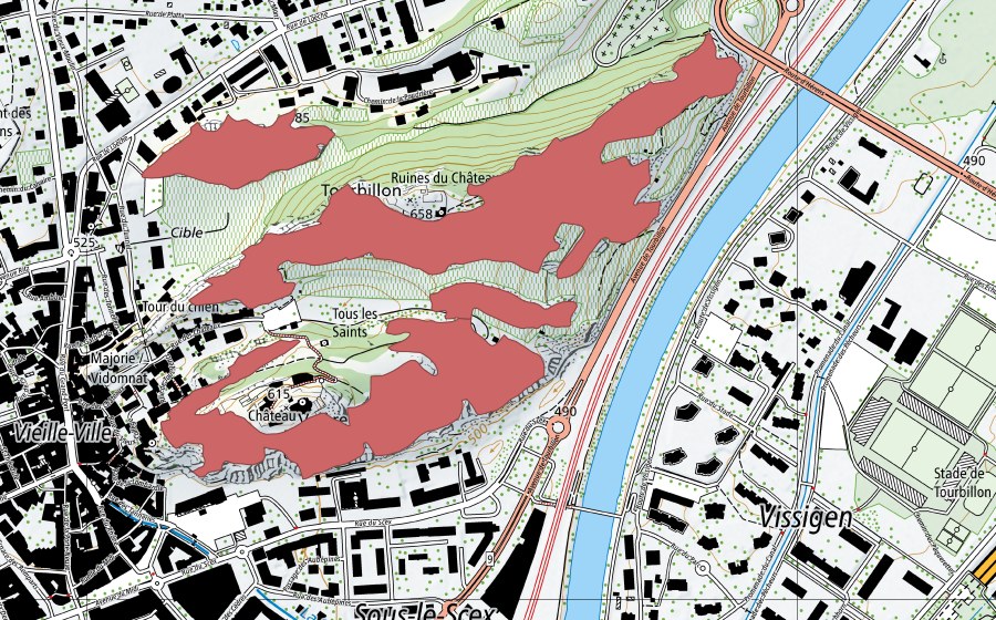 swisstopo national map showing the protected perimeter of Tourbillon (Dry meadow)