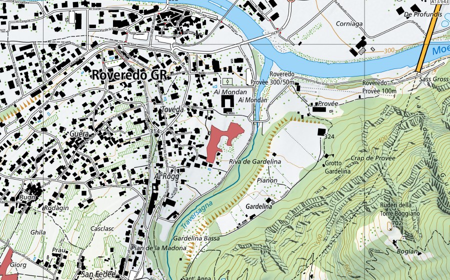 Carte nationale swisstopo avec le périmètre protégé de Toveda (Prairie sèche)
