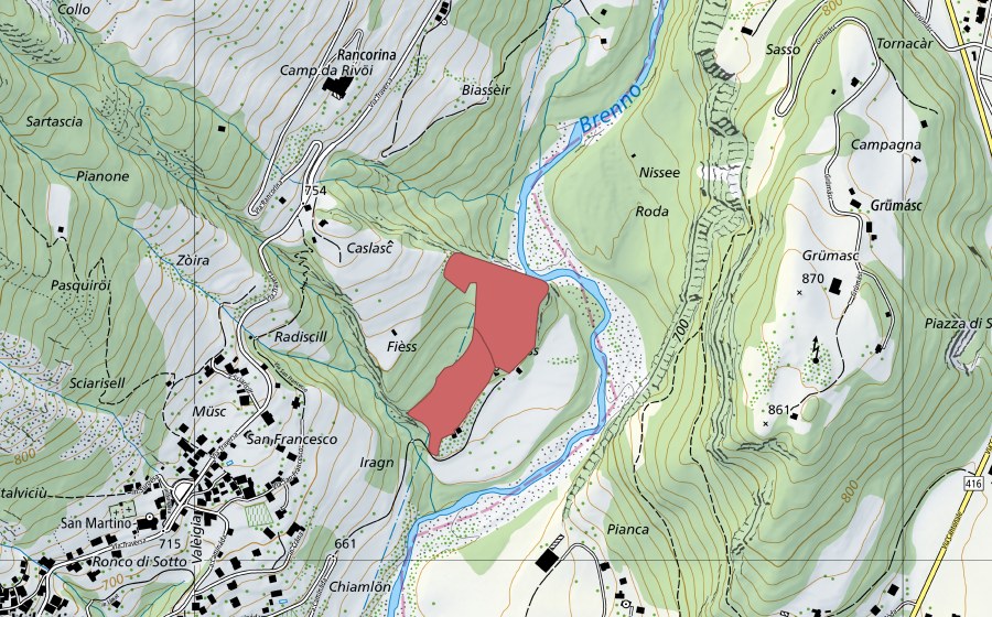 swisstopo national map showing the protected perimeter of Trascis (Dry meadow)